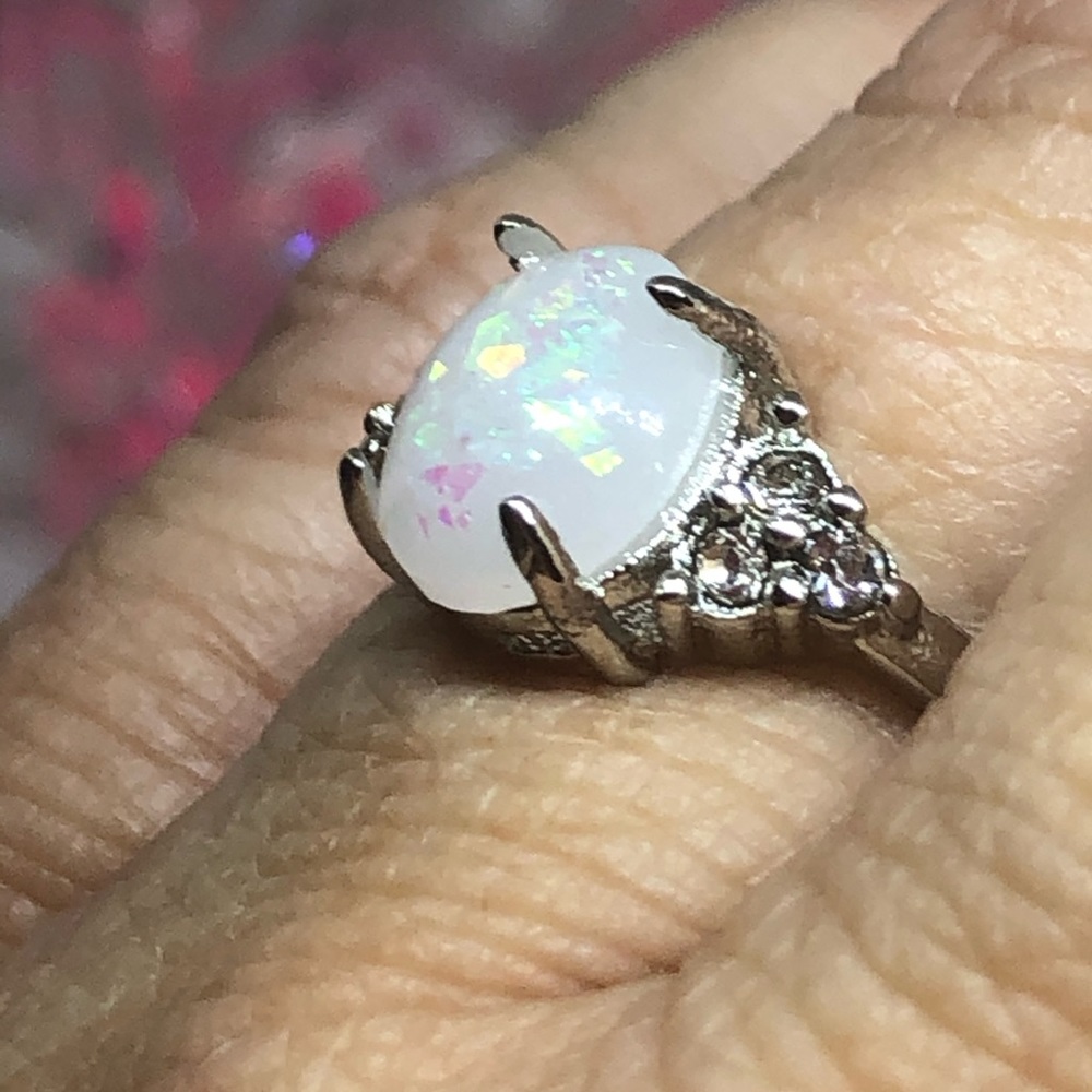 Silver Oval Lab Grown Opal Ring - image 7